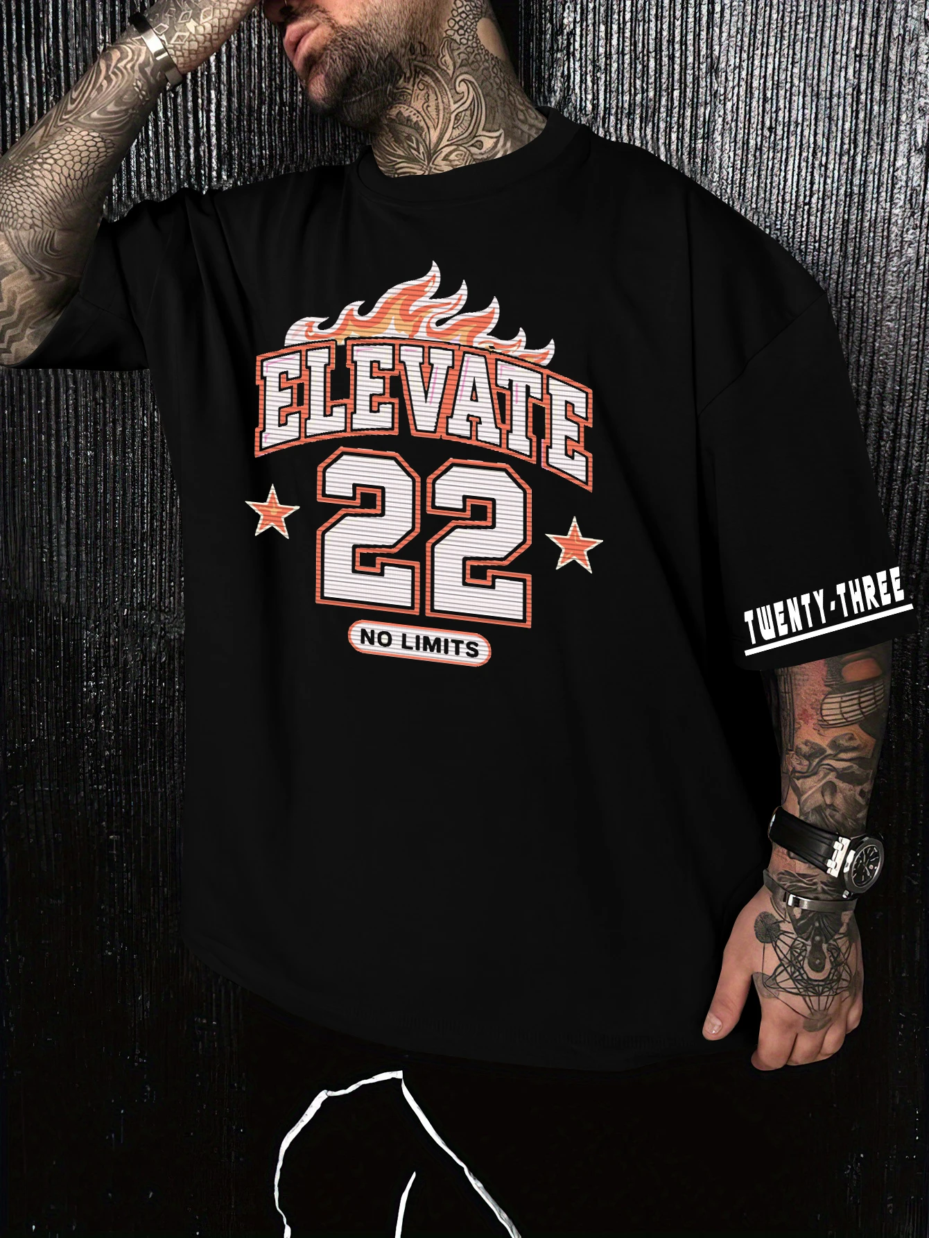 Men Oversized Elevate 22 Flame Sleeve Print T-shirt 100% Polyester Varsity Motivational Loose Unisex Summer Casual Top