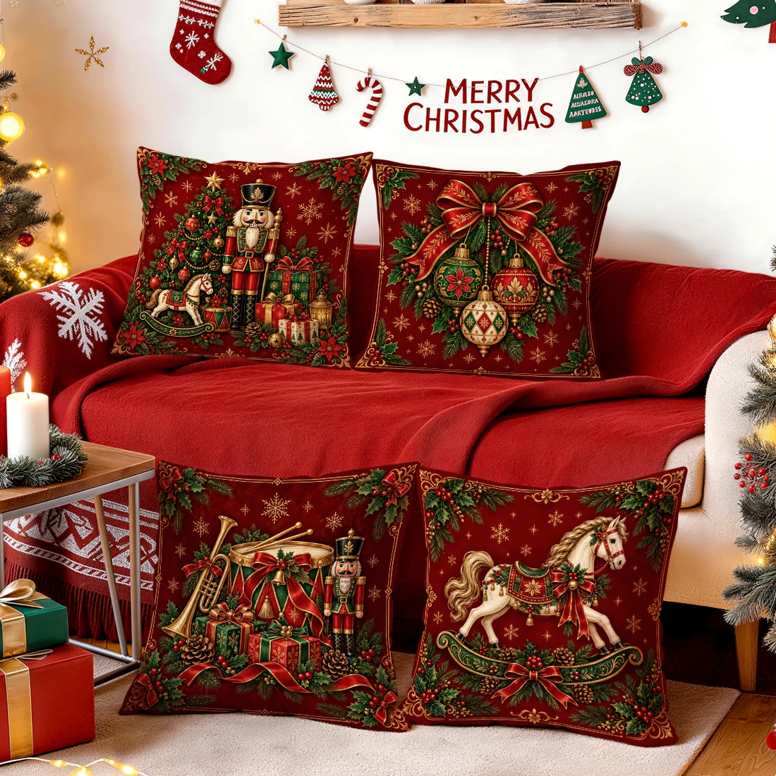 Christmas Nutcracker Shake Horse Cushions Pillowcase Polyester Cushion Cover Throw Pillow Pillowcover Home Car Sofa Decor