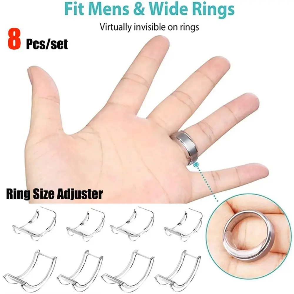 

8Pcs New Adjustment Cushion Ring Size Adjuster Invisible Silicone Ring Resizer Clear with 8 Sizes Jewelry Guard Spacer Tool