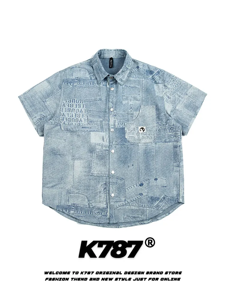 

K787 Американский ретро-кардиган унисекс из денима с коротким рукавом, летний, дышащий, из смесового хлопка и полиэстера