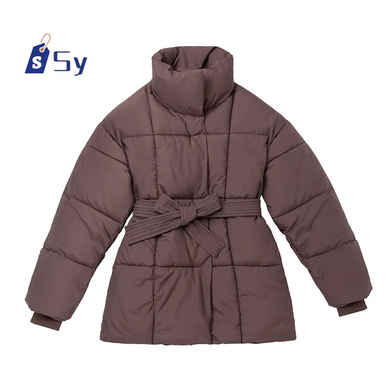 Sy Winter Stand Collar Pike Cotton Coat Women's Belt Cotton Jacket Fashionable And Elegant Solid Color Women's Cotton Clothing