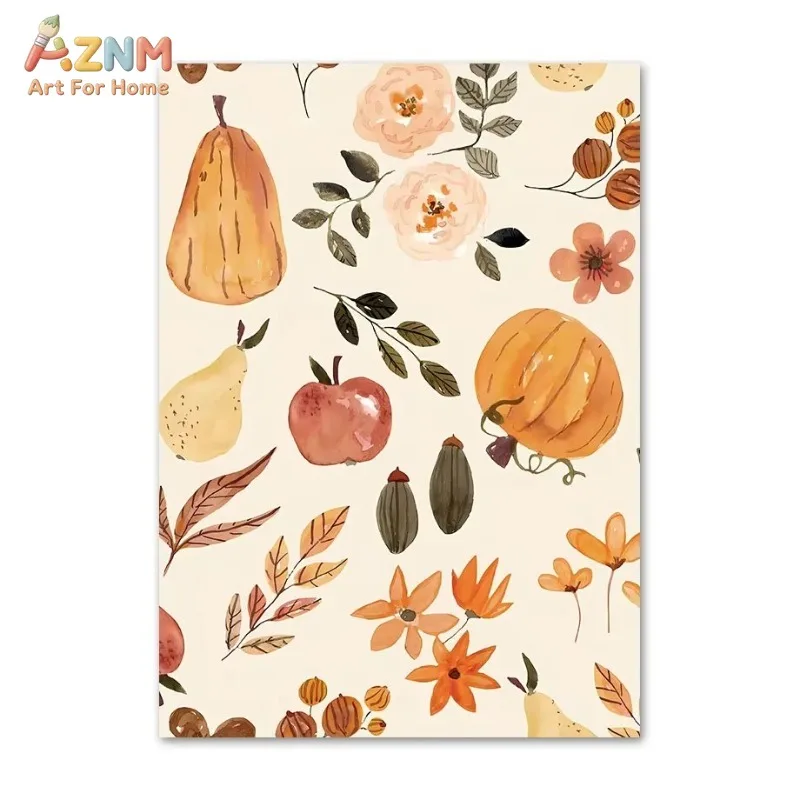 AZNM Neutral Pastel Jack O Lantern Pumpkin Canvas Wall Art Cute Cartoon Halloween Fall Autumn Minimalist Home Wall Decor Unframe