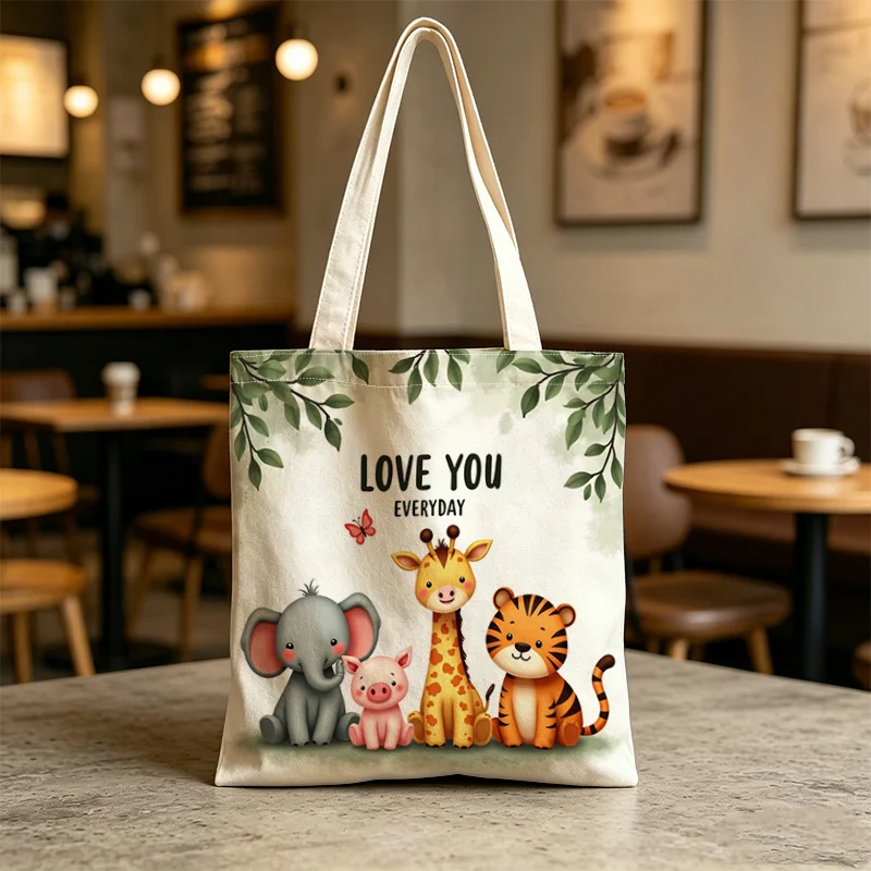 Cute Safari Animal Print Canvas Tote Bag Elephant Tiger Giraffe Pig Graphic Reusable Shopping Shoulder Bag Kids Gift For Women