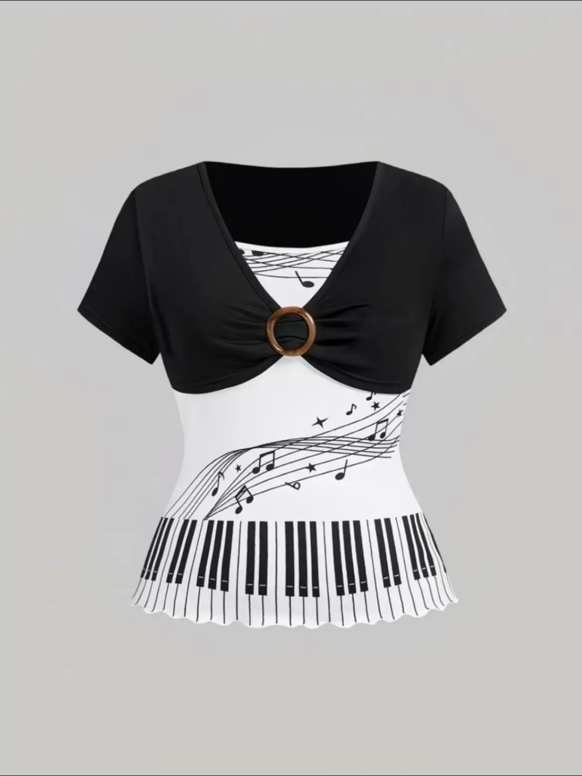 Fake Two Piece Piano Key Music Note Print Short Sleeve Top Rhinestone Ring Twist Front Slim Retro Y2K Aesthetic Daily Street Top