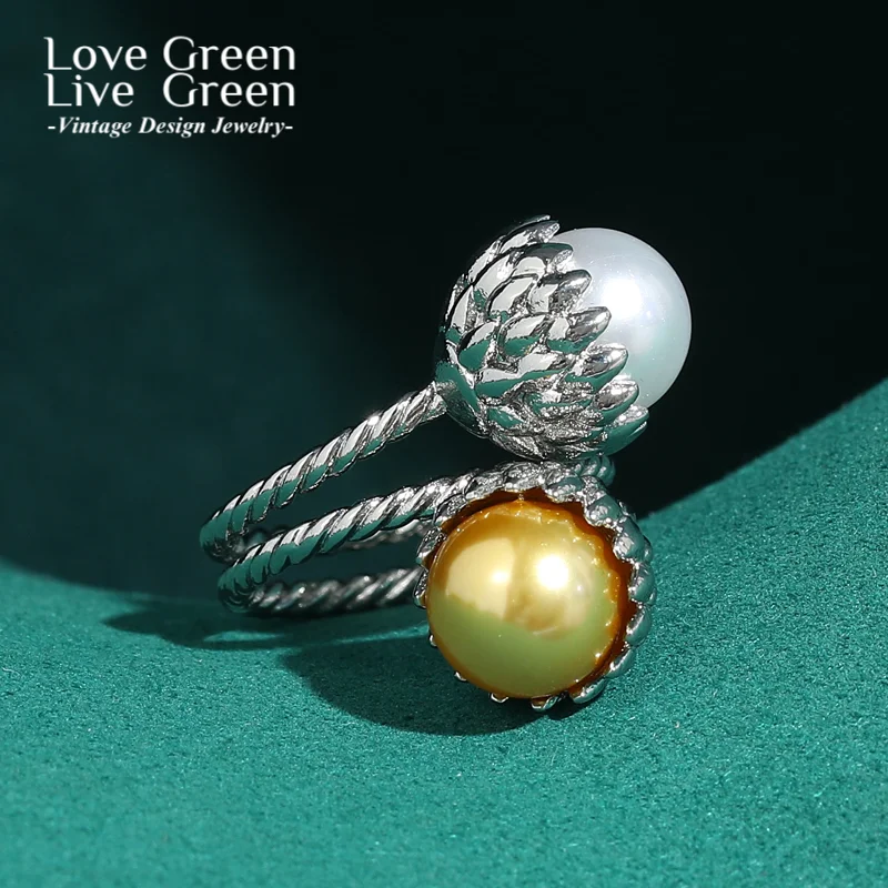 

Vintage White Yellow Pearl Ring Natural Women Accessories Silver Color Cross Open Luxury Jewelry Trends 2025 High Quality Party
