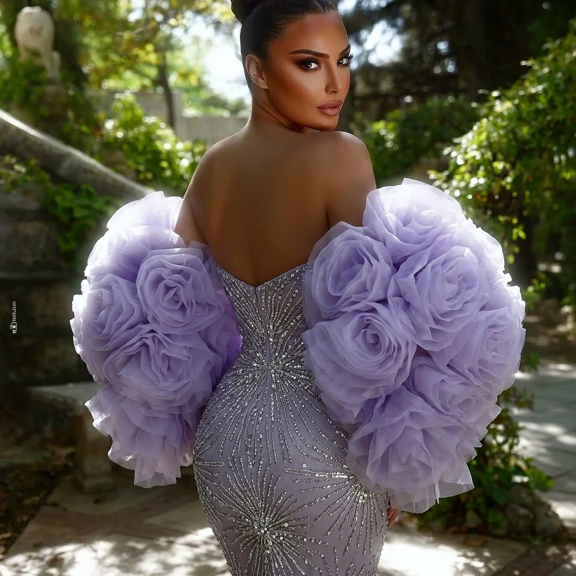 

Luxurious Lavender 3D Rose Balloon Sleeve Wedding Evening Cape with Exaggerated Volume, Flowing Fabrics Women Formal Jacket 2026