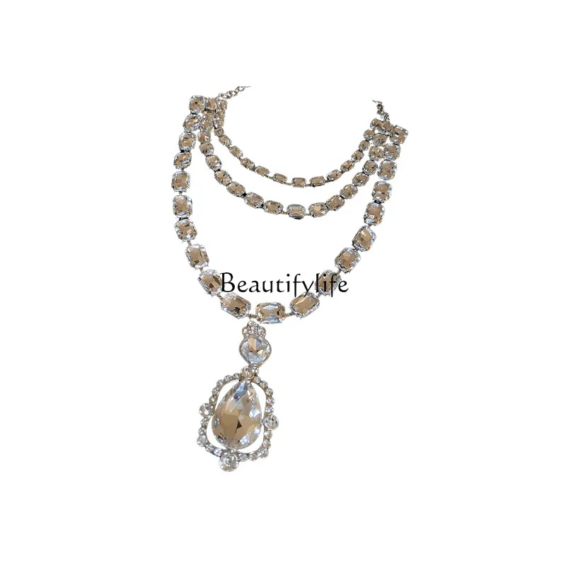 

Diamond-Encrusted Multi-Layer Rectangular Water Drop Clavicle Chain Elegant High Sense Ornament