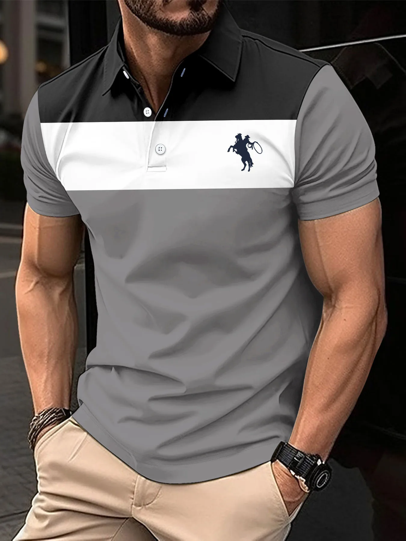 2024 New Summer Print comfortable lapel POLO Shirt Short sleeve men's breathable fashion striped beach holiday casual top