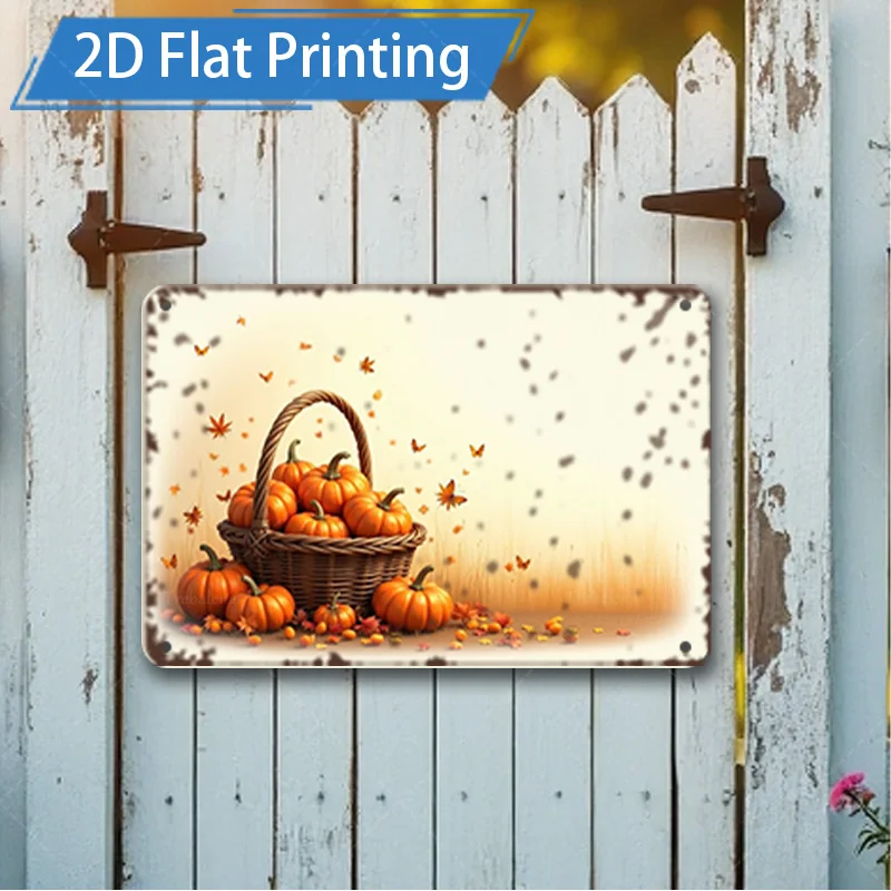 

[2D FLAT] Металлическая вывеска, 1 шт., 8x8 дюймов, деревенская осенняя корзина с тыквой, металлическая настенная художественная 2D плоская печать, декор для дома в стиле фермерского дома