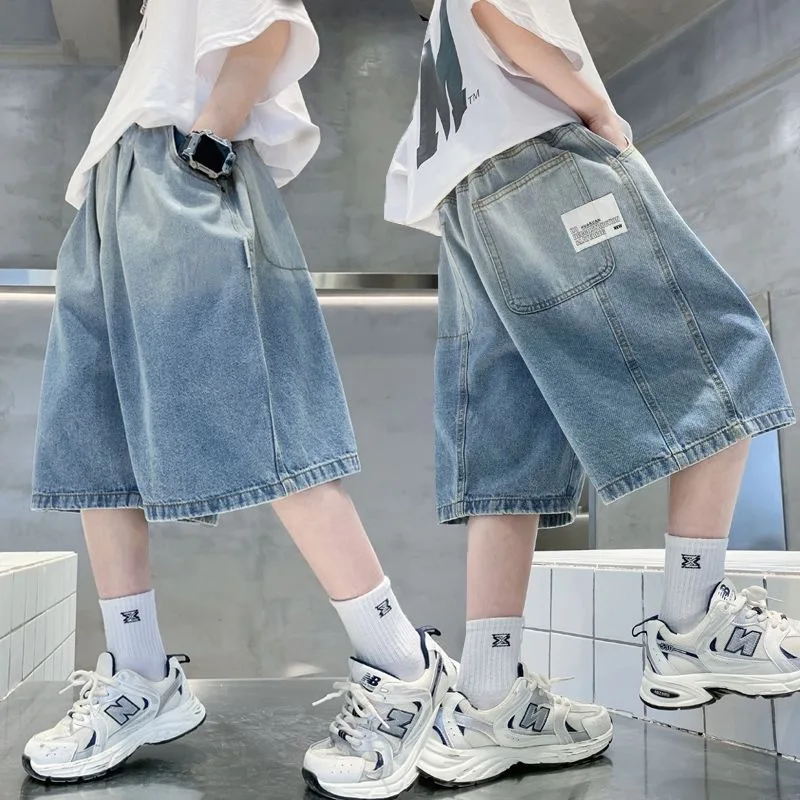 Kids Summer Ripped Denim Shorts for Tweens Boys Casual Loose Straight Blue Jeans with Holes Brief Style Knee Length