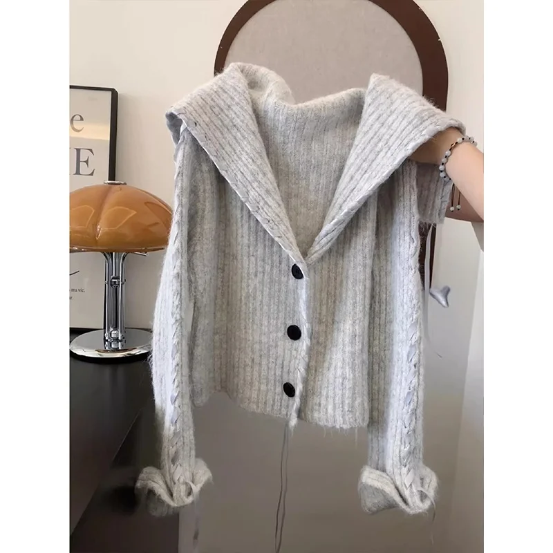 

Faionable Large Collar Sa Knit Sweater Cardigan Loose Ele Autumn Winter New Sle Commute Brand Pure Color Long Sve
