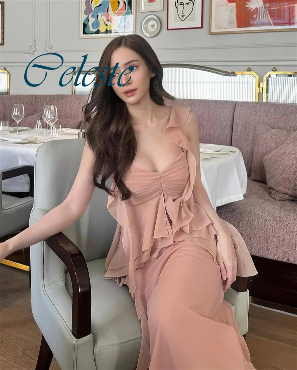 Customized Asymmetrical Side Slit  Evening Dress Spaghetti Straps Chiffon Homecoming Dress  Fashion  Celebrity Gowns