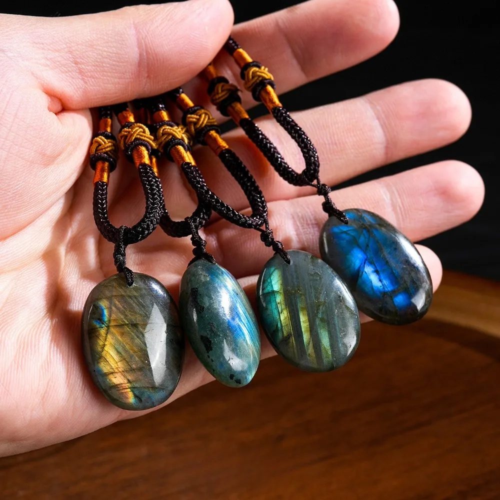 Natural Labradorite Stone Pendant Healing Crystals Polished Irregular Gemstone Necklace Adjustable Braided Rope Charms Jewelry