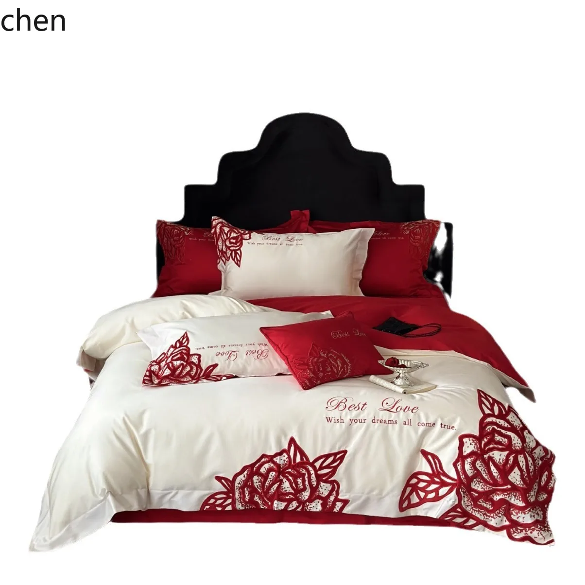 HXL Romantic Wedding Long-Staple Cotton Four-Piece Set with Rose Embroidery Pure Cotton Bedding