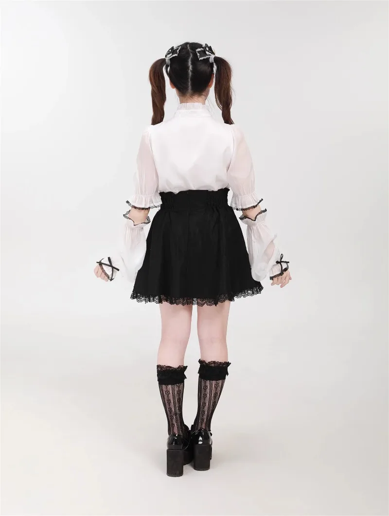 2025 Summer Japanese Bead Chain Sleeves Shirt Sweet Lolita Solid Color Single-breasted Slim-fitting Short-sleeved Blusas Mujer