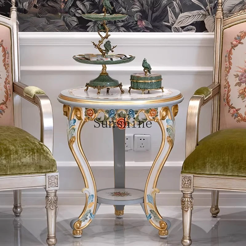 

French solid wood luxury hand-painted flower sticker gold foil blue small corner villa living room