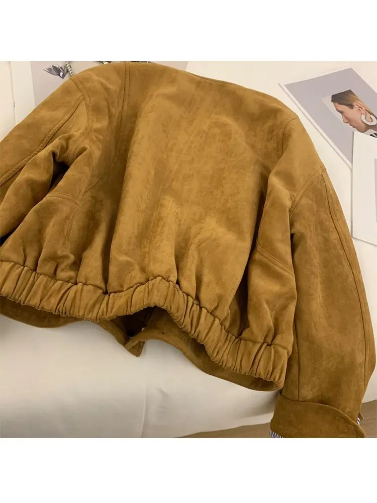 Suede Short Jacket Women Korean Camel Fashion Long Sleeve Flight Suit Harajuku Single Breasted Loose Tops Female Vintage Coats