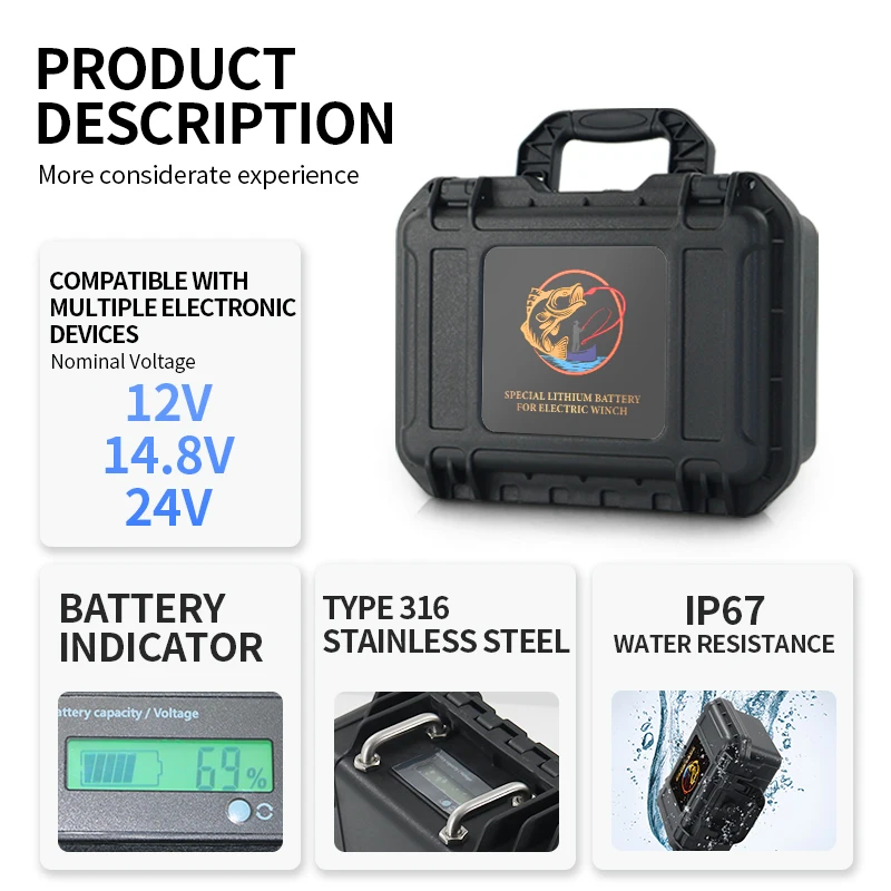 

Rechargeable Lithium-Ion Battery Power Display for SHIMANO DAIWA ECOODA Sea Fishing Electric Reel 12V-40Ah Universal US EU AU UK