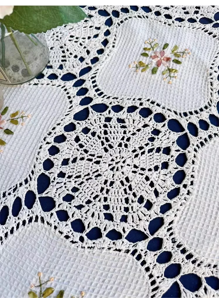 2025 free shipping crochet tablecloth with embroidery flower table coverlay ribbon flowers for home decor cotton lace towel mat