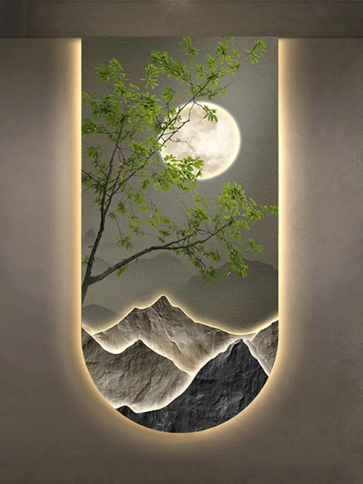 

Corridor entrance, background wall, landscape, moon, hanging paintings with lights, LED ambient lights, decorative paintings