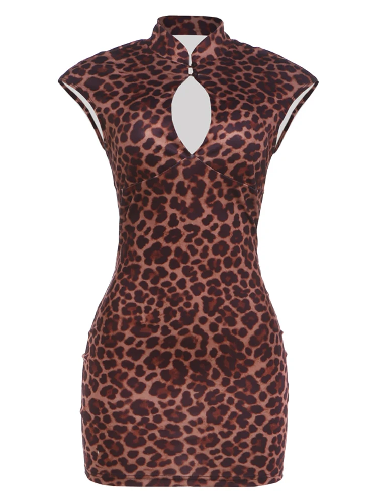 Weird Puss Hottie Hollow Kleid Damen Sexy Leopardenmuster Cheongsam Knopfleiste Ärmellos Modetrend Street Club Pfirsichfarbener Hüftbetonter Bodycon – Detail 2