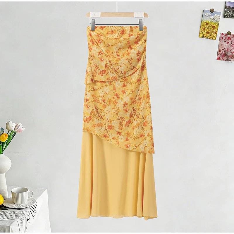 Damen Patchwork Trägerloses Maxikleid Ärmellos mit Rüschensaum und Schal Schnürkleider 2026 Sommer Elegantes Abendkleid für Damen – Detail 14