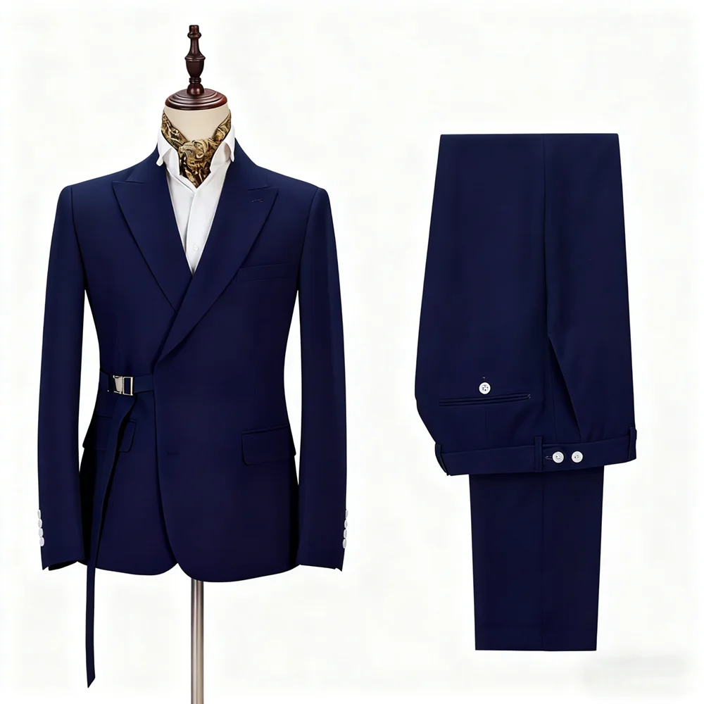 

Men's Suit Set with Metal Button Belt Stylish Blazer and Pants 2 Piece Outfit Formal Business Wedding Party Prom Elegant Tuxedo