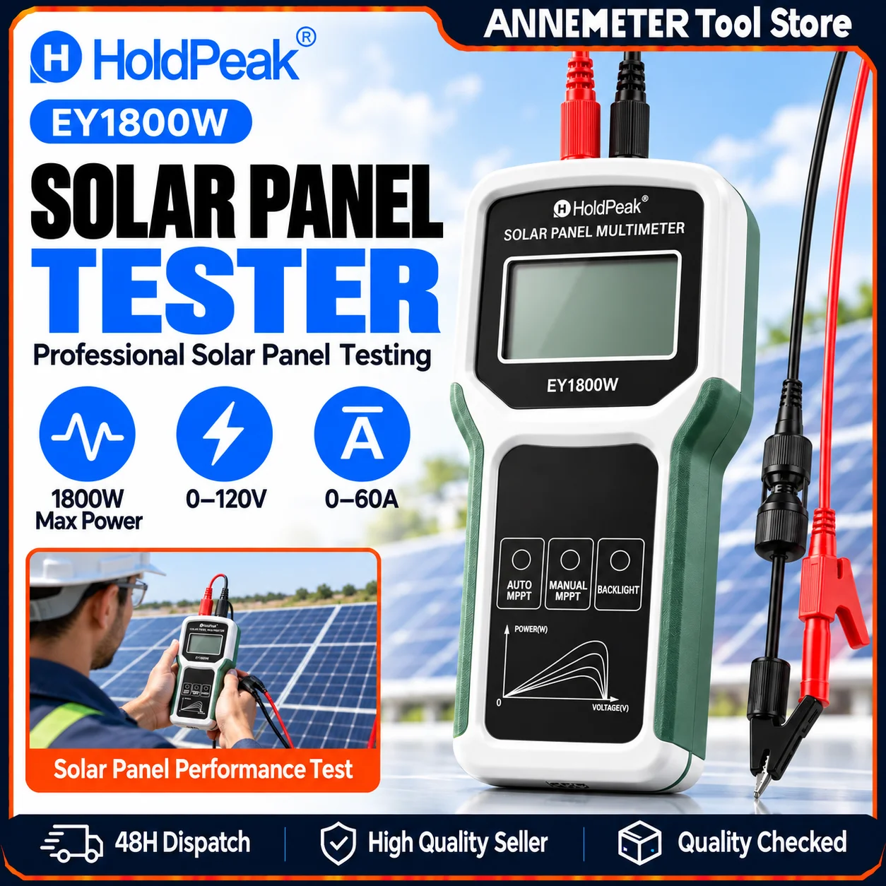 1800W Solar Panel Tester MPPT Watt Meter Smart Digital Multimeter for PV Array Troubleshooting Power Output Open Circuit