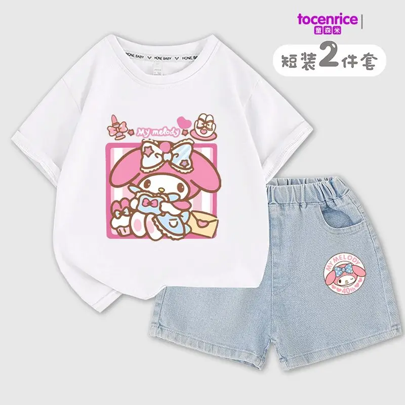 Sanrios Kids My Melody Children's Short-Sleeved Shorts Two-Piece Set Girl Cotton T-Shirt Denim Shorts Summer Casual Kids Clothes