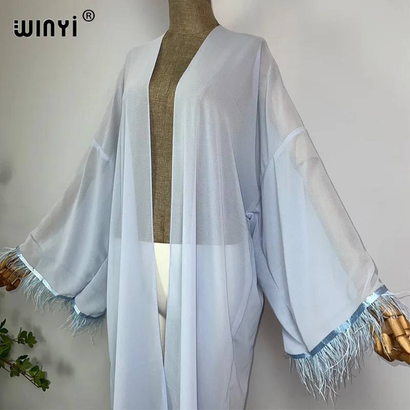 WINYI kimono estate capelli di struzzo boho caftani per donna Cover-up elegante Cardigan sexy maxi beach costume da bagno abito da sera da sera