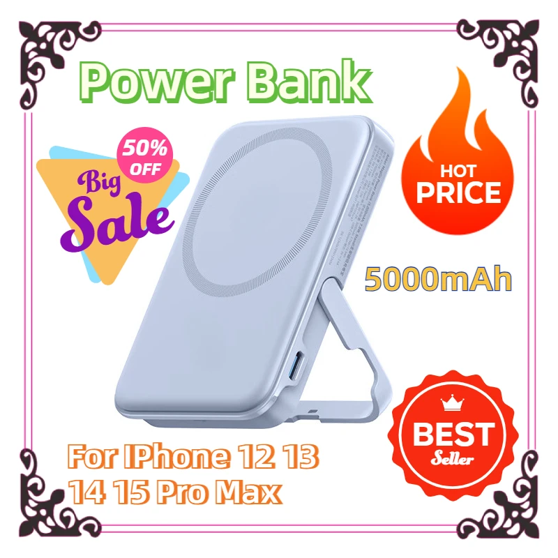 

For IPhone 12 13 14 15 Pro Max 5000mAh Power Bank Magnetic Backup Battery Power Bank Portable