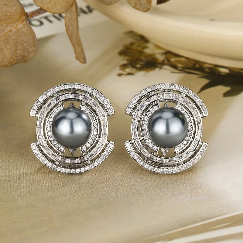 Vintage Style Circular Grey Pearl Jewelry with Adjustable Ring Sparkling Zircon Accents Earrings Necklace Ring for Women Gift