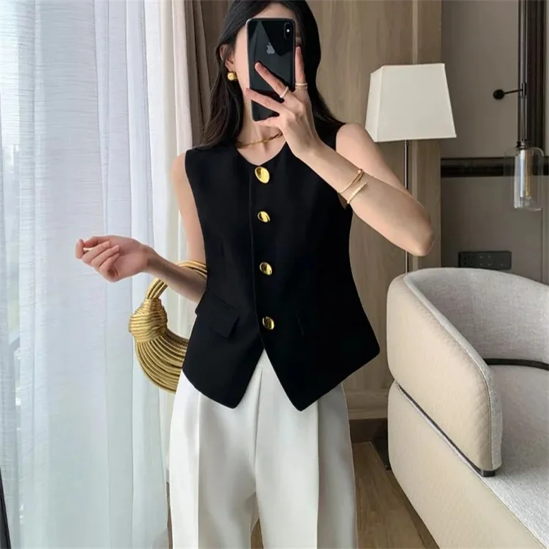Spring and Summer Suit Cardigan Loose  Vest Coat Female Black Popular Temperament Joker Sleeveless  Thin Sleeveless Fashion Coat