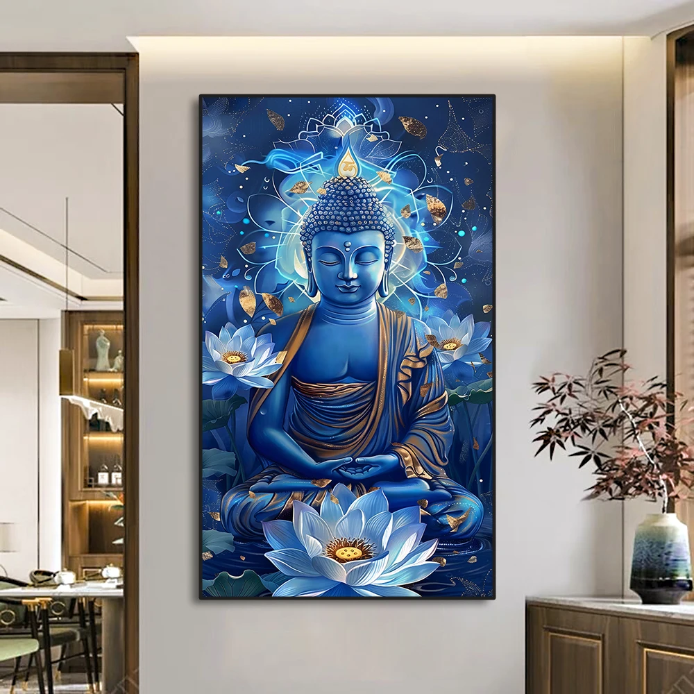 Buddha And Lotus Art Poster Blue Canvas Wall Art Picture Print Painting Low-Key Luxury Home Decor Living Room Decor No Frame