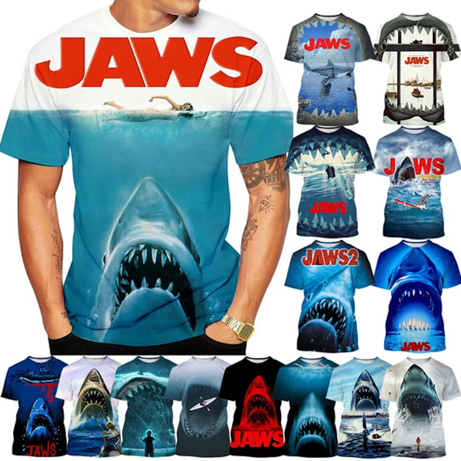 3D printed horror movie Great White Shark T-shirt summer hippie short sleeved Harajuku casual top