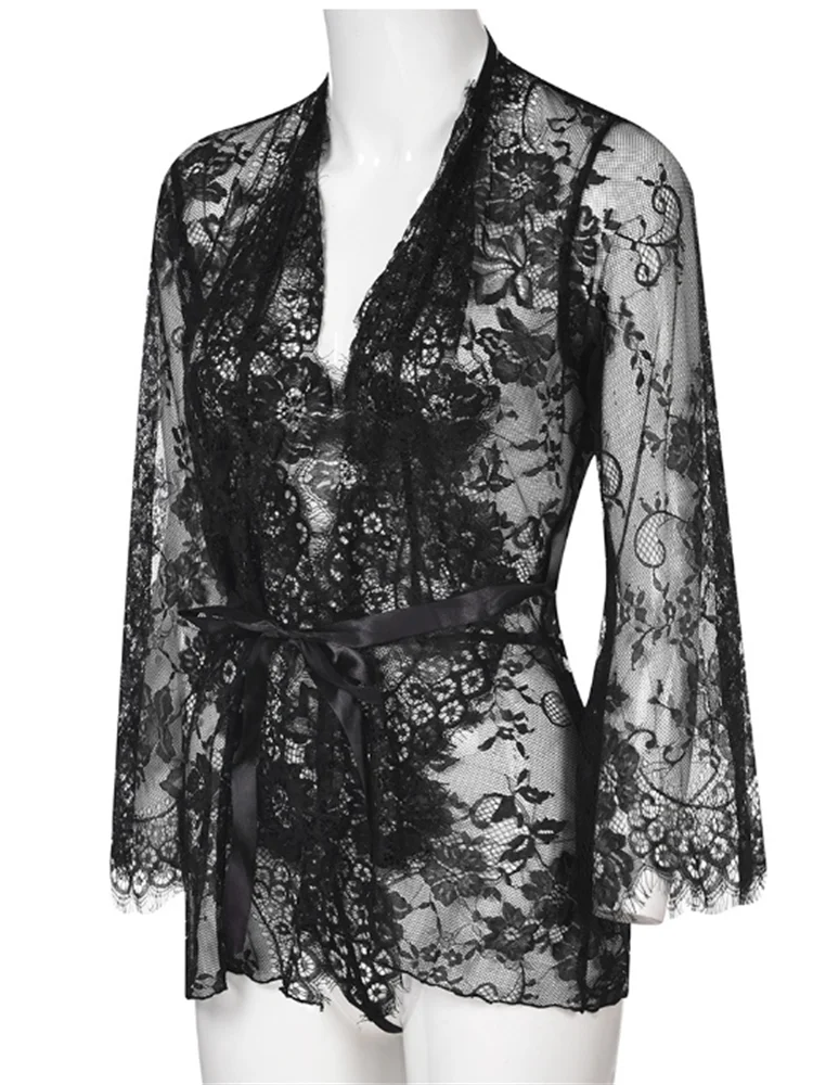 Women\'s Sexy Long-sleeve lace see-through robe nightwear ladies floral embroidery Lingerie sexy Black robes underwear