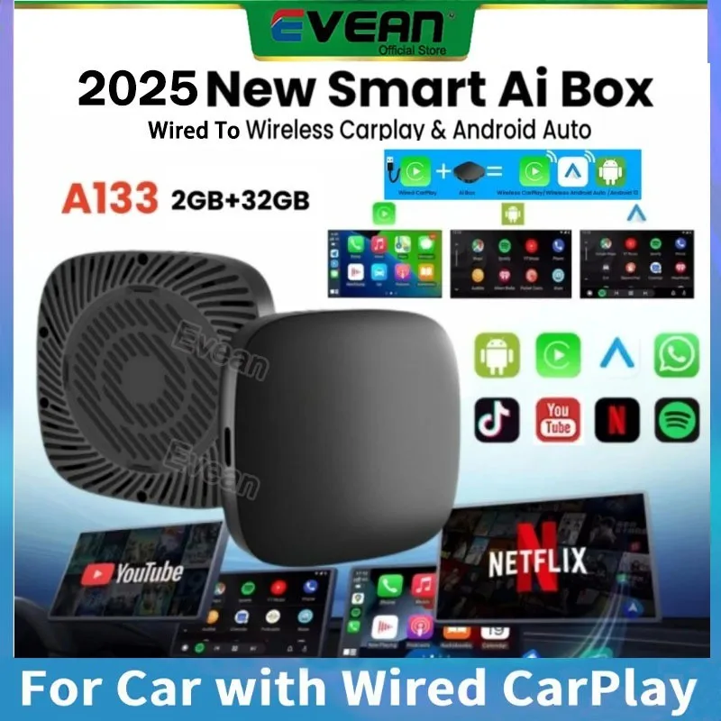 Evean CarPlay Ai Box Android 10 2+32GB 4-Core Wireless CarPlay Android Auto YouTube Netflix