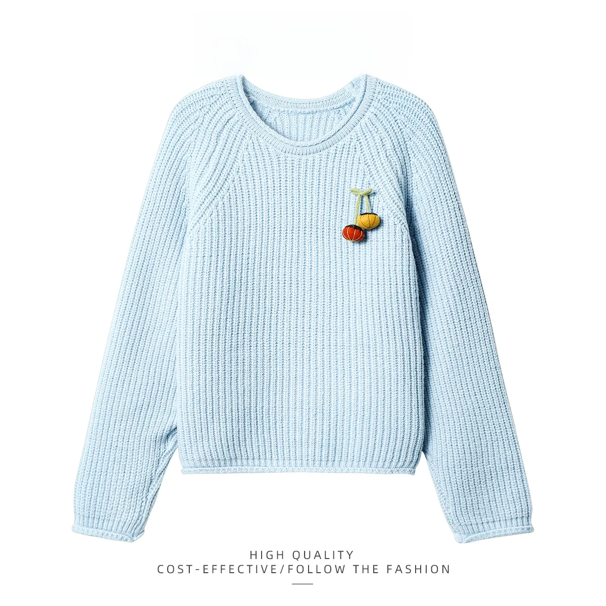 

PAIXIANG Women's Loose Fit round Ne Knitwear Embroidered Cherry Soft Sle Long Sve Casual Top Blue Autumn Winter Sweater