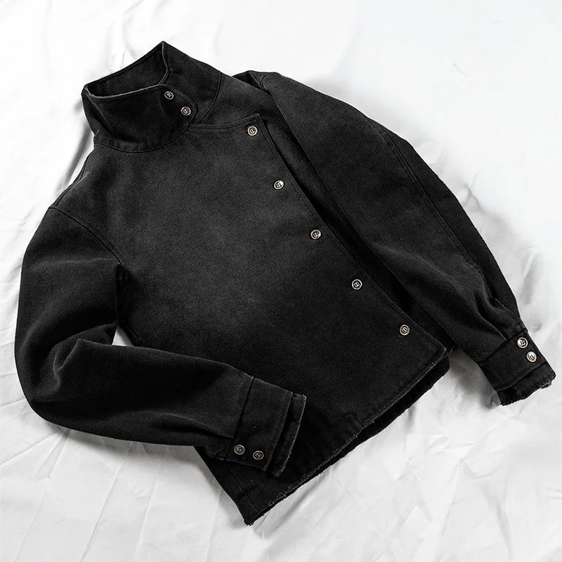 2026 Herbst Winter Unisex Gothic Asymmetrische Knopf-Cropped-Jacke Vintage Gewaschener Schwarzer Stehkragen Streetwear-Mantel – Detail 7