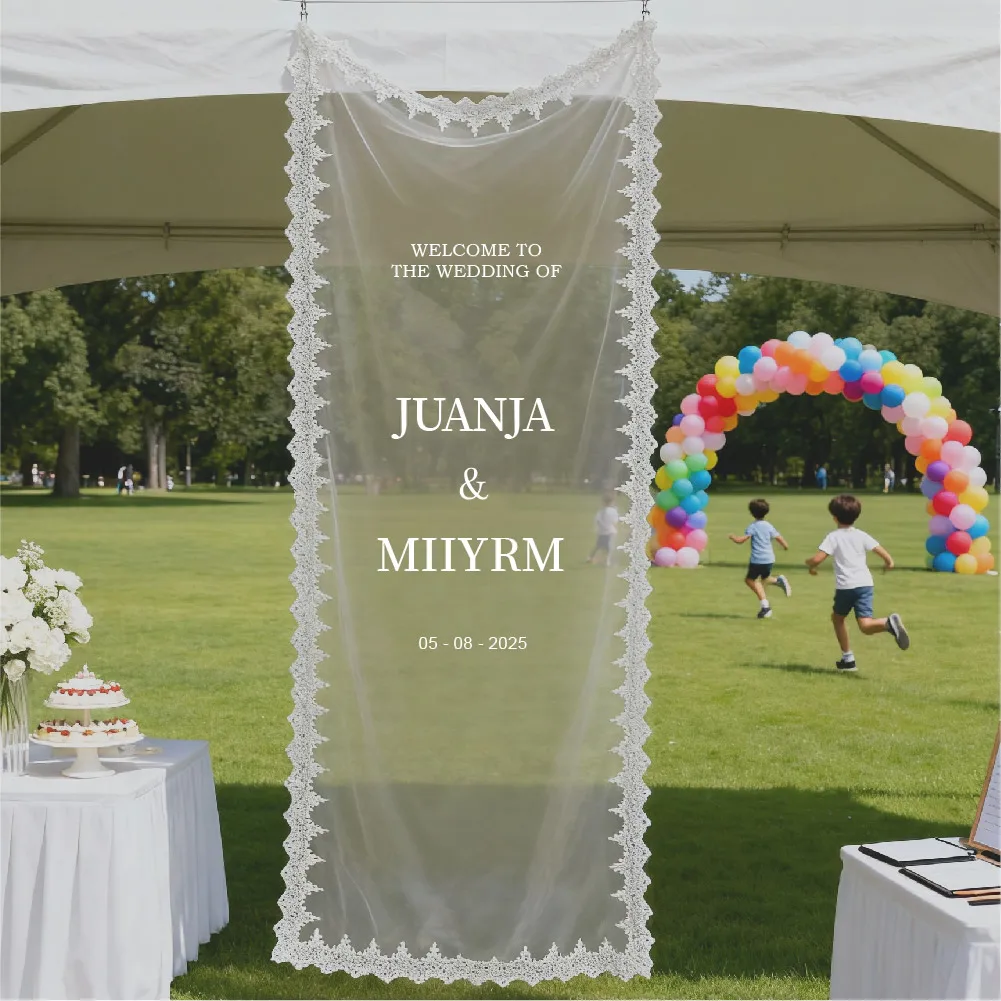 Customized Romantic Translucent Banners, Modern Outdoor Sheer Wedding Banners, Personalized Wedding Decorations, Engagement Party Signs, Handmade Lace Semi-Sheer Signs, Wedding Welcome Signs view 3