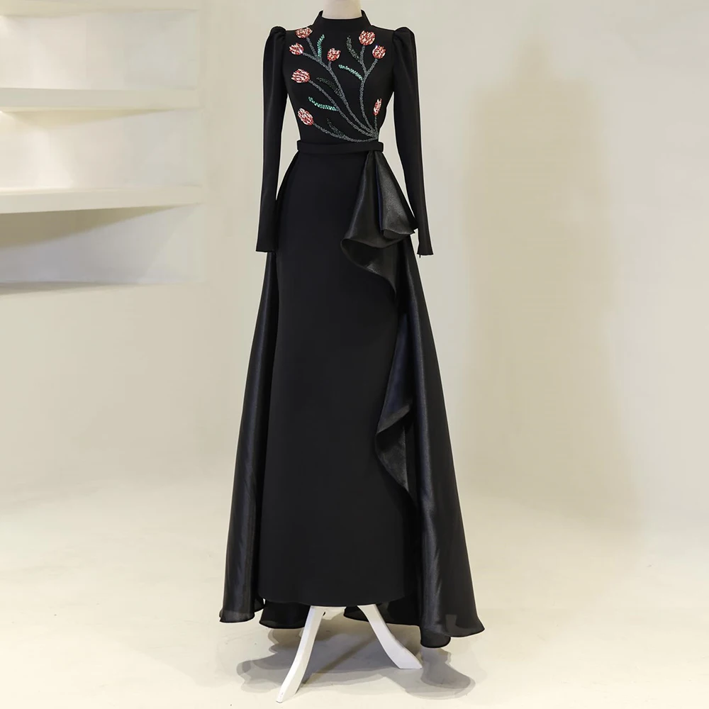

Customized A-line Evening Dresses Floor-length High-neck Full Sleeve Prom Gown Fashion Crystal Flowers Simple Draped Party Gown