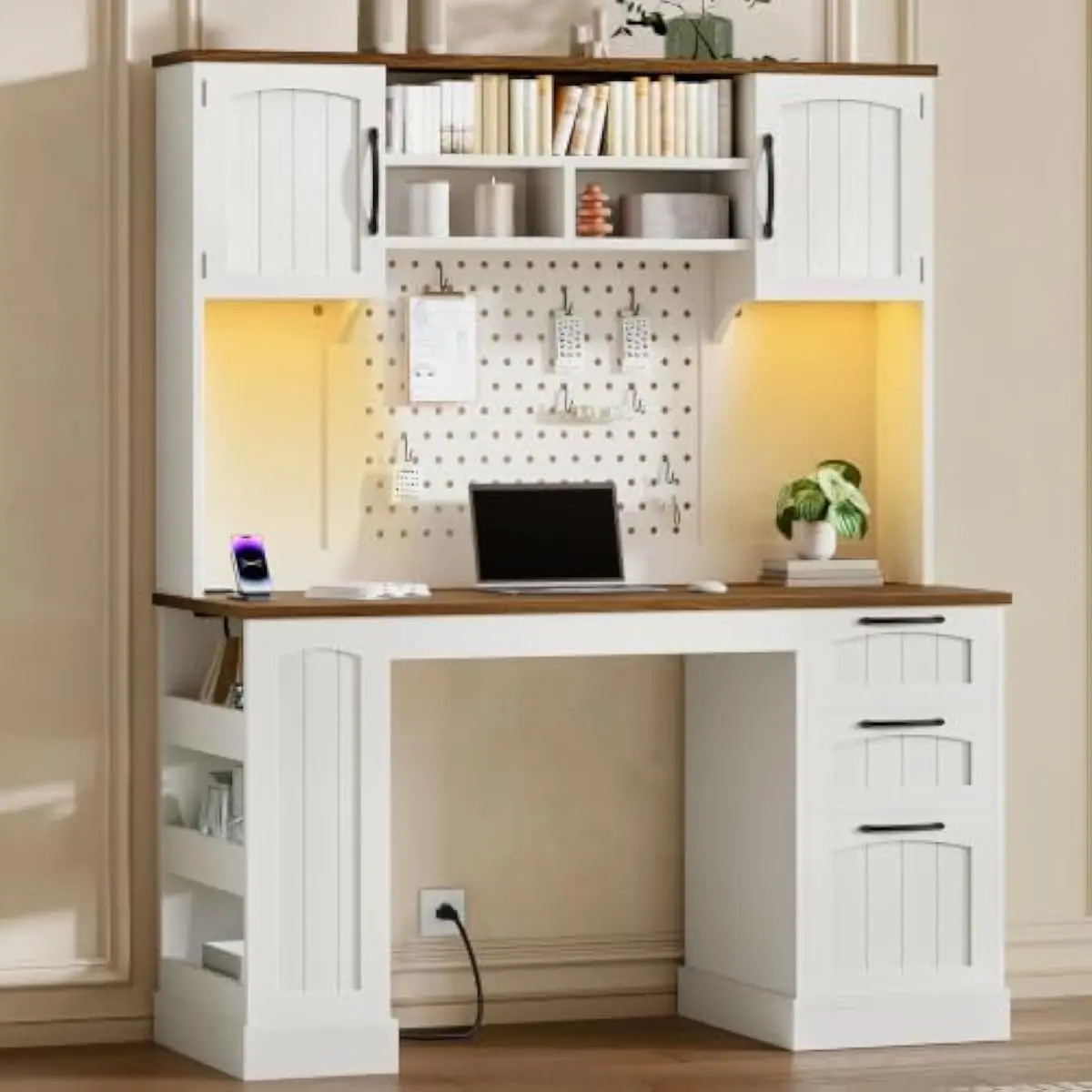 65 H Farmhouse Office Desk with Hutch Storage Adjustable Shelves Pegboard LED Light Strip Built-In Charging Hub 2 AC 1 USB 1 Typ