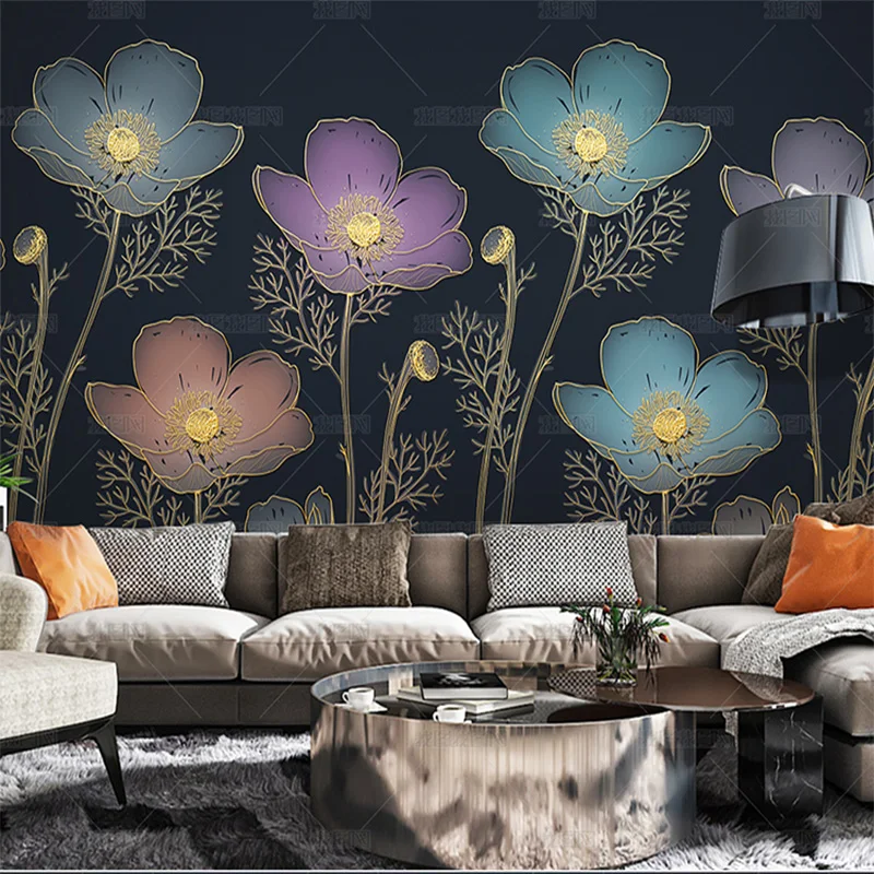 custom 3d Light luxury floral plant wallpaper Golden relief mural lines Nordic living room background wall bedroom dining room