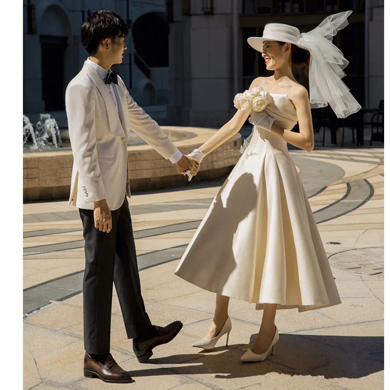 

Легкое атласное свадебное платье 2024 года: новое, простое и элегантное, для подружек невесты, женская одежда, юбка А-силуэта, дизайн с завышенной талией