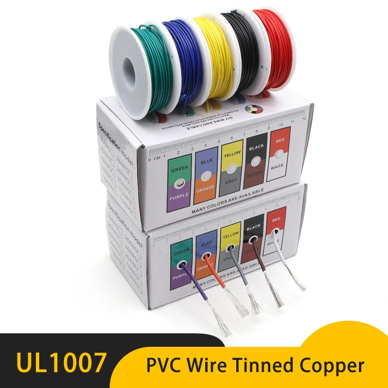 

UL1007 Wire PVC Insulation Tinned Copper Cable （5 Colors Mix Kit）30/28/26/24/22/20/18/16 AWG Stranded Electrical Line PCB Wire