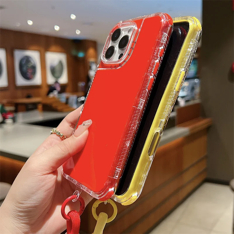 3IN1 Per iPhone 11 12 13 14 15 16 Pro Max XR XS Max 7 8 Plus Trasparente Colore Della Caramella Militare Con Cordino Antiurto Cassa Del Telefono