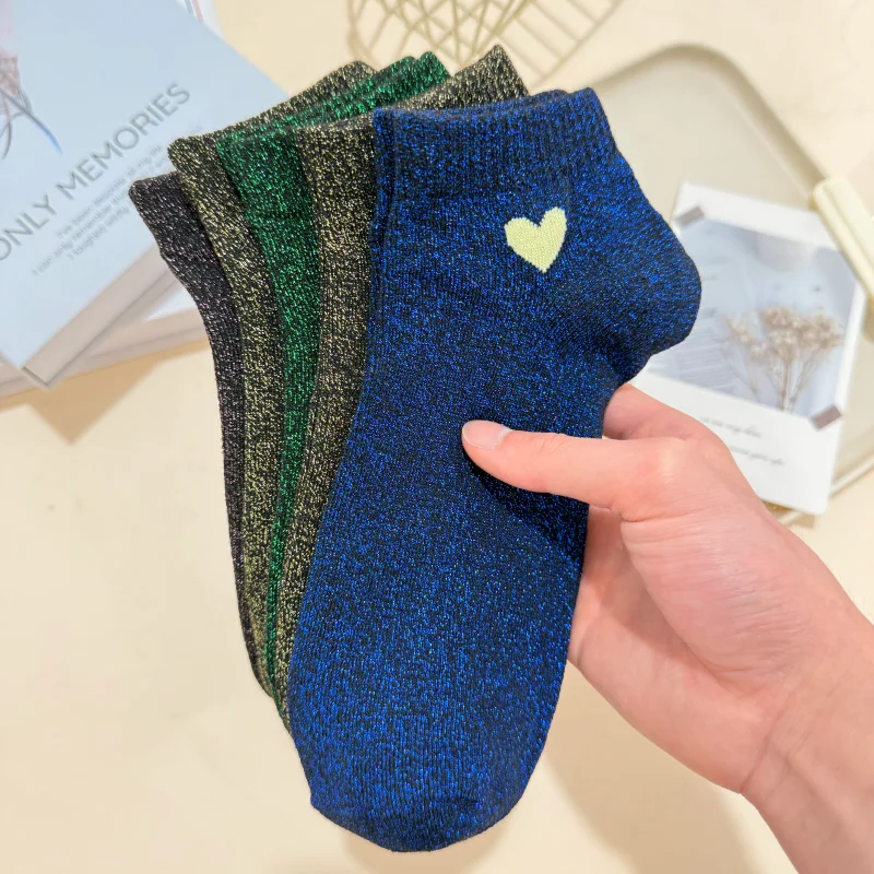 5 Pairs Of Spring/Summer Women's Heart-Shaped Pattern Shiny Silver Mixed Solid Color And Candy Color Gold And Silver Thread Sock