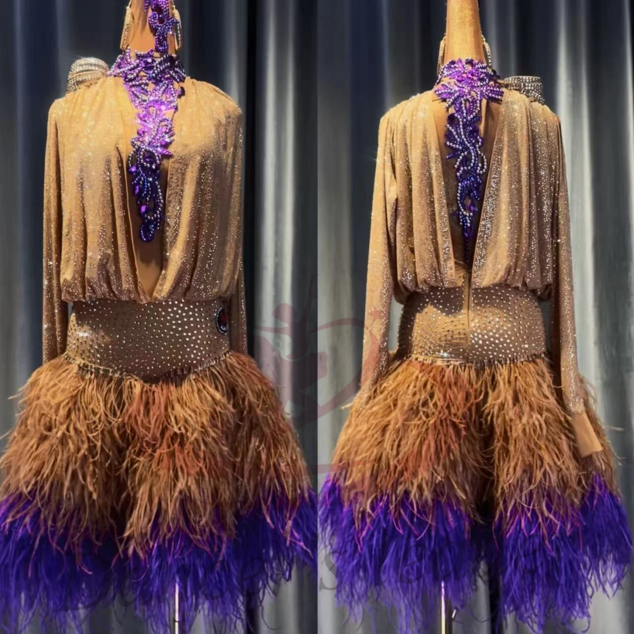 

Latin Dance Costume AB Stone Female Adult Children High-End Custom Ostrich Fur Large Skirt Black Pool Samba Performance Dress
