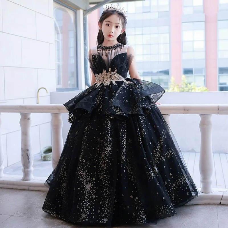 Children's dress princess  spring black little host girls  high-end catwalk piano performance