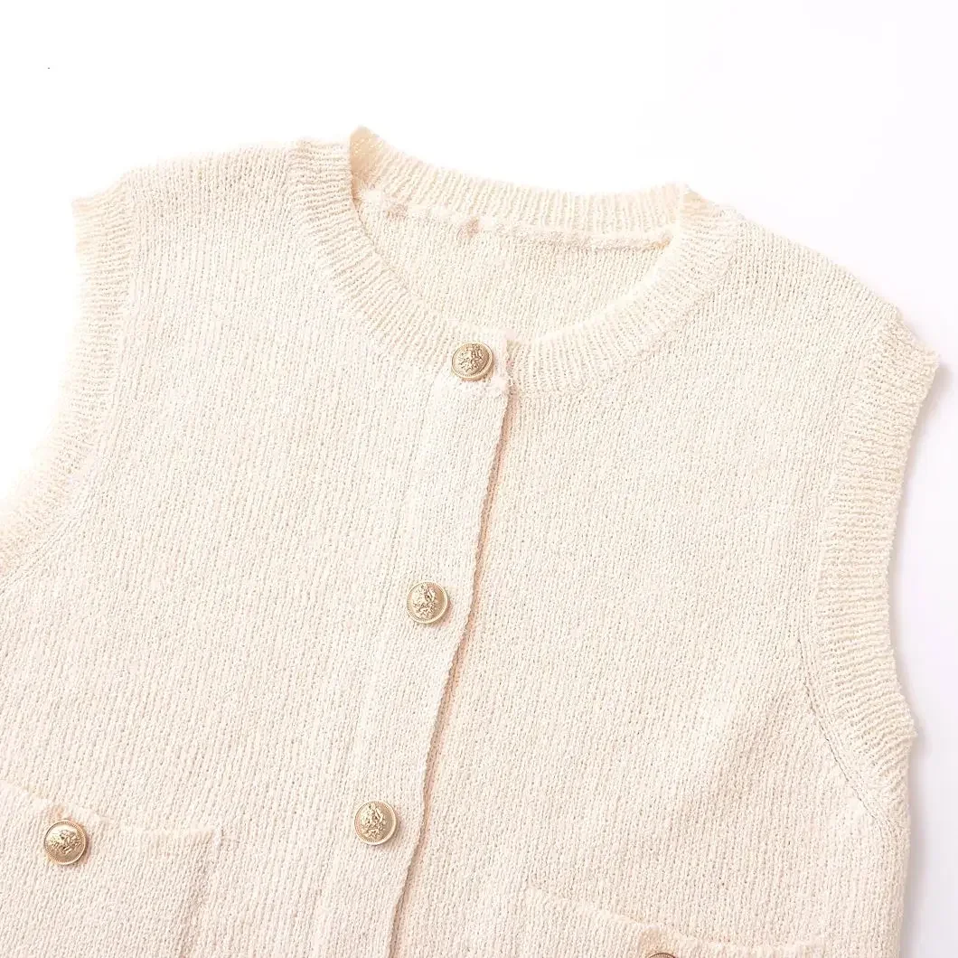 TRAF Autumn Beige Knitted Women Waistcoat Sleeveless Pockets Single Breasted Slim Cardigan Jacket Vest Y2K Crop Top 6771/104